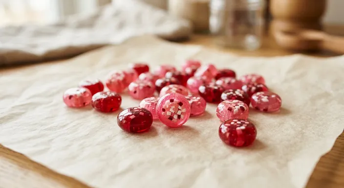 Round cherry red and rose pink hard candies with white and burgundy confetti flecks scattered on ivory parchment
