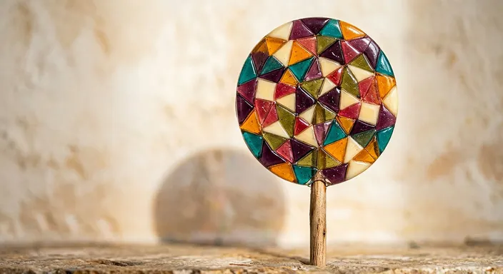 Large round lollipop assembled from a mosaic of plum, teal, saffron, ivory, berry and olive candy triangles