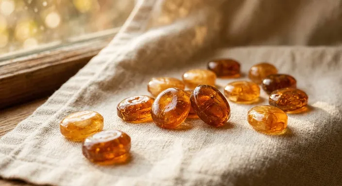 Amber and honey gold oval hard candies glowing against a warm cream linen cloth