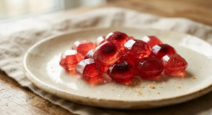 Pile of glossy ruby red handmade hard candies with gem-cut facets on warm ivory ceramic