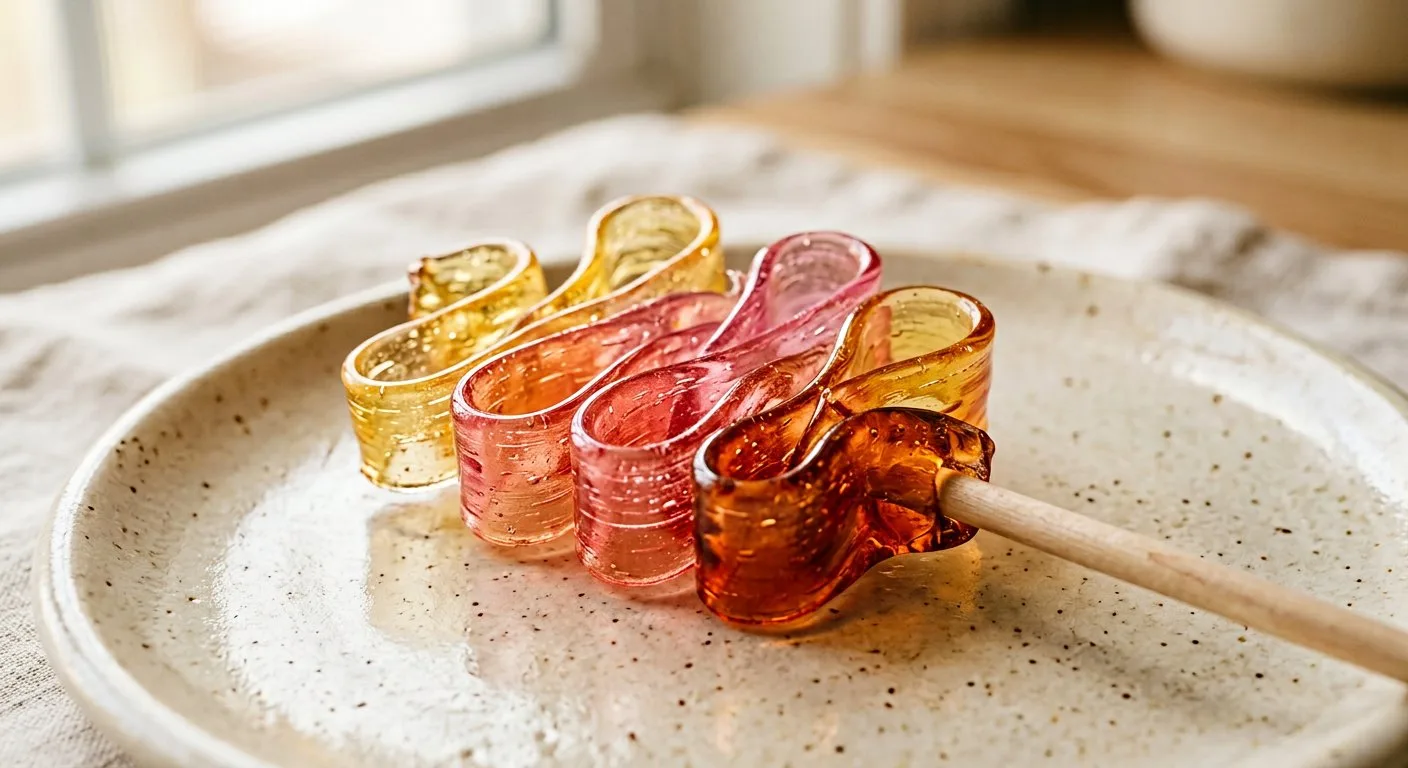 Ribbon-style lollipop in flowing burnt orange, coral, rose and golden yellow candy on cream ceramic