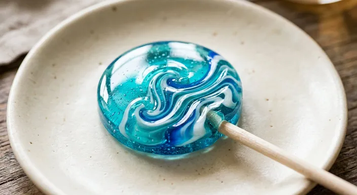 Round turquoise, cobalt blue and white swirled lollipop with wave-like ripples on an ivory ceramic dish